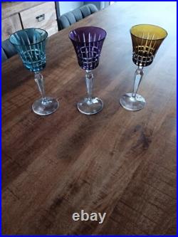3 ANCIEN VERRE A VIN ART DECO ROEMER CRISTAL DOUBLE COLORE Ht 21 Cm