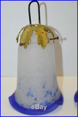 3 TULIPES PATE DE VERRE ART DECO ART NOUVEAU Marmoréen Bleu LUSTRE LAMPE 1930/40