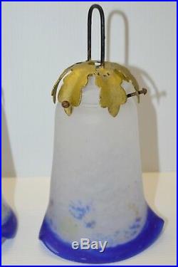 3 TULIPES PATE DE VERRE ART DECO ART NOUVEAU Marmoréen Bleu LUSTRE LAMPE 1930/40