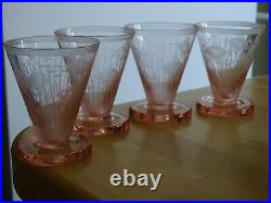 4 ANCIENS VERRES A APERITIF CRISTAL ART DECO GRAVURE ACIDE POISSON STYLISER 8 cm