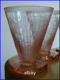 4 ANCIENS VERRES A APERITIF CRISTAL ART DECO GRAVURE ACIDE POISSON STYLISER 8 cm