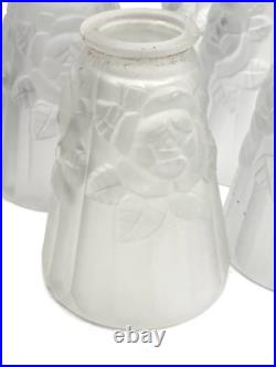 6 Tulipes Art Déco en verre pressé Degué pour lampe et lustre