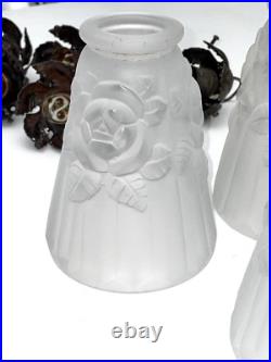 6 Tulipes Art Déco en verre pressé Degué pour lampe et lustre