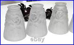 6 Tulipes Art Déco en verre pressé Degué pour lampe et lustre