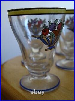 7 ANCIENS PETITS VERRES LIQUEUR CRISTAL COUPE A FRUITS EMAILLEE ART DECO ht 6 cm