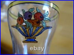 7 ANCIENS PETITS VERRES LIQUEUR CRISTAL COUPE A FRUITS EMAILLEE ART DECO ht 6 cm