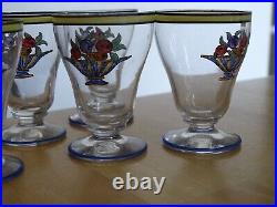 7 ANCIENS PETITS VERRES LIQUEUR CRISTAL COUPE A FRUITS EMAILLEE ART DECO ht 6 cm