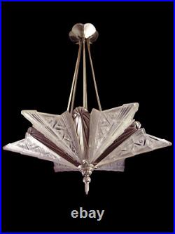 A. Bloch & Ejg Lustre Art Déco Bronze Nickelé A Six Plaques Verre Pressé 1930