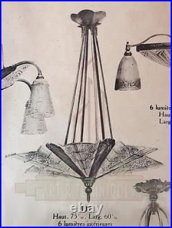 A. Bloch & Ejg Lustre Art Déco Bronze Nickelé A Six Plaques Verre Pressé 1930