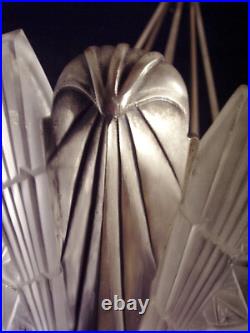 A. Bloch & Ejg Lustre Art Déco Bronze Nickelé A Six Plaques Verre Pressé 1930