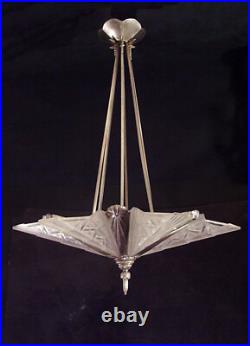 A. Bloch & Ejg Lustre Art Déco Bronze Nickelé A Six Plaques Verre Pressé 1930