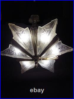 A. Bloch & Ejg Lustre Art Déco Bronze Nickelé A Six Plaques Verre Pressé 1930