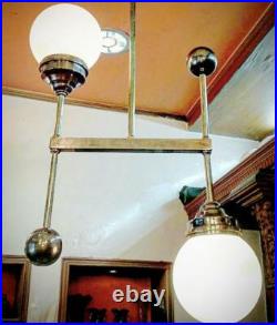 Ancien Art Deco Bauhaus Fixture Plafond Laiton Lustre Lait Lumiere Verre Lampe