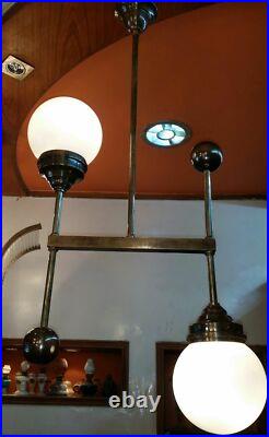 Ancien Art Deco Bauhaus Fixture Plafond Laiton Lustre Lait Lumiere Verre Lampe