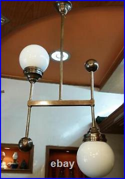 Ancien Art Deco Bauhaus Fixture Plafond Laiton Lustre Lait Lumiere Verre Lampe
