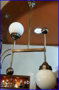 Ancien Art Deco Bauhaus Fixture Plafond Laiton Lustre Lait Lumiere Verre Lampe