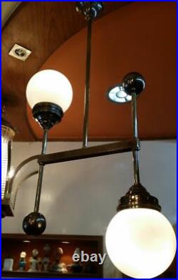 Ancien Art Deco Bauhaus Fixture Plafond Laiton Lustre Lait Lumiere Verre Lampe