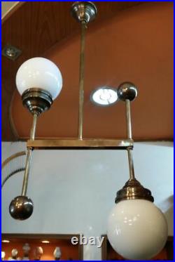 Ancien Art Deco Bauhaus Fixture Plafond Laiton Lustre Lait Lumiere Verre Lampe
