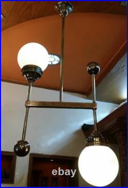 Ancien Art Deco Bauhaus Fixture Plafond Laiton Lustre Lait Lumiere Verre Lampe