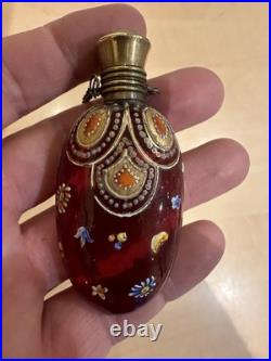 Ancien Flacon Parfum Deco Ou Sel Verre Rouge Émaillé Fin XIX art Nouveau