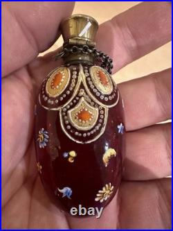 Ancien Flacon Parfum Deco Ou Sel Verre Rouge Émaillé Fin XIX art Nouveau