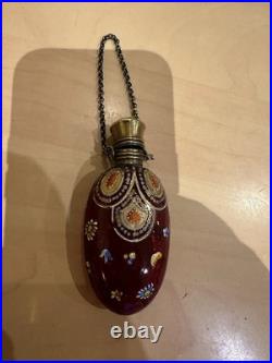 Ancien Flacon Parfum Deco Ou Sel Verre Rouge Émaillé Fin XIX art Nouveau