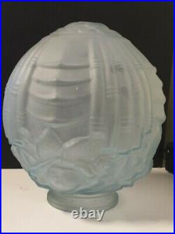 Ancien Globe Émaillé Verre Moulé Bleu Dépoli Art Deco Lampe Lustre Plafonnier