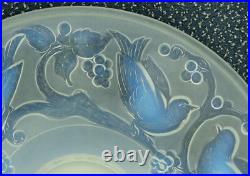 Ancien Grand Compotier Coupe Plat En Verre Opalescent Signé Ezan France Art Déco