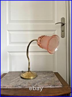 Ancien Lampe à Poser Col de Cygne Art Déco Tulipe en Verre Rose France 30Cm