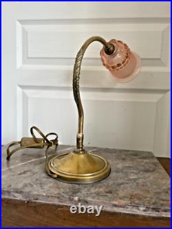 Ancien Lampe à Poser Col de Cygne Art Déco Tulipe en Verre Rose France 30Cm