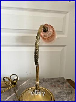 Ancien Lampe à Poser Col de Cygne Art Déco Tulipe en Verre Rose France 30Cm
