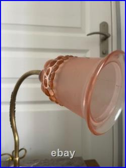 Ancien Lampe à Poser Col de Cygne Art Déco Tulipe en Verre Rose France 30Cm
