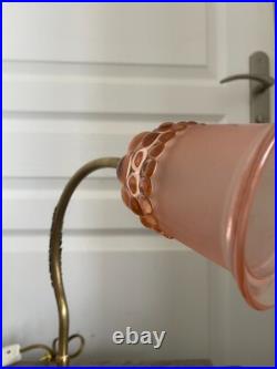 Ancien Lampe à Poser Col de Cygne Art Déco Tulipe en Verre Rose France 30Cm