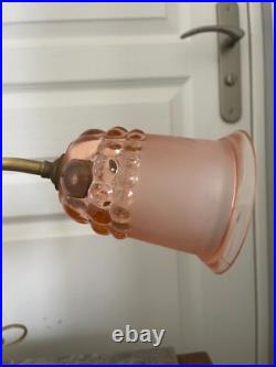 Ancien Lampe à Poser Col de Cygne Art Déco Tulipe en Verre Rose France 30Cm