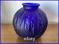 Ancien Vase Boule Art Déco Verre Moulé Bleu Tchèque Décoration Vintage #C281