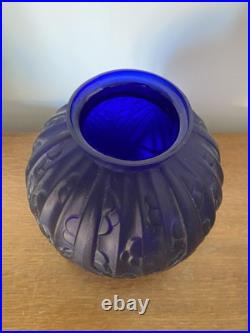 Ancien Vase Boule Art Déco Verre Moulé Bleu Tchèque Décoration Vintage #C281