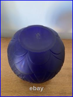 Ancien Vase Boule Art Déco Verre Moulé Bleu Tchèque Décoration Vintage #C281