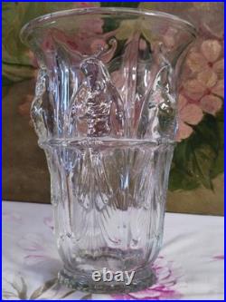 Ancien Vase En Verre Massif Signé Verlux Décor Cacatoès Art Déco 23,5 CM