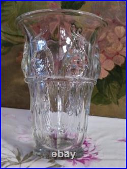 Ancien Vase En Verre Massif Signé Verlux Décor Cacatoès Art Déco 23,5 CM