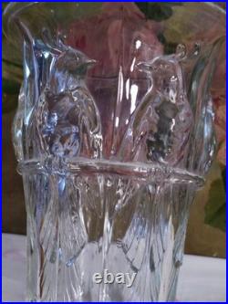 Ancien Vase En Verre Massif Signé Verlux Décor Cacatoès Art Déco 23,5 CM