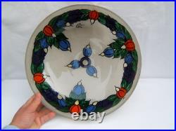 Ancien grand plafonnier en verre givré émaillé fleurs art déco signé Doriz