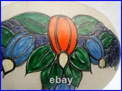 Ancien grand plafonnier en verre givré émaillé fleurs art déco signé Doriz