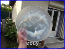 Ancien grand plat en verre pressé moulé Verlys albatroses poissons art déco 1930
