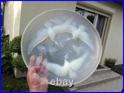 Ancien grand plat en verre pressé moulé Verlys albatroses poissons art déco 1930