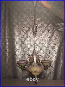 Ancien lustre art deco en metal & verre DEGUE sculpture statuette enfant lampe