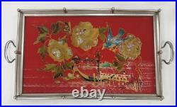 Ancien plateau rouge nacre verre metal art deco decor japonisant oiseau fleur