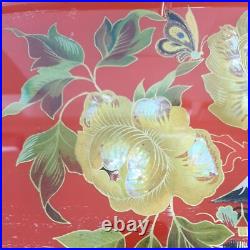 Ancien plateau rouge nacre verre metal art deco decor japonisant oiseau fleur