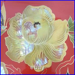 Ancien plateau rouge nacre verre metal art deco decor japonisant oiseau fleur