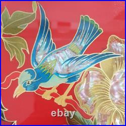 Ancien plateau rouge nacre verre metal art deco decor japonisant oiseau fleur