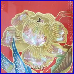 Ancien plateau rouge nacre verre metal art deco decor japonisant oiseau fleur
